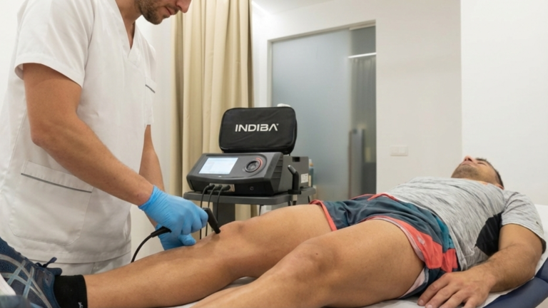 Deportista en sesión de indiba fisioterapia